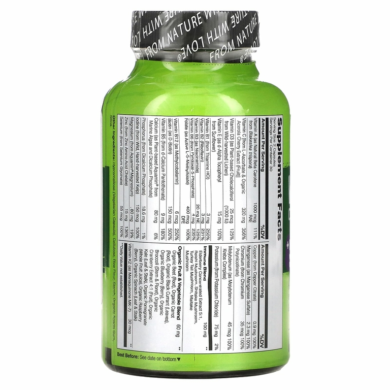 NATURELO, Мультивитаминный комплекс из цельных продуктов и смесь для иммунитета, 60 вегетарианских капсул