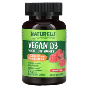 NATURELO, D3, веганские жевательные таблетки из цельных продуктов, со вкусом клубники, 2000 МЕ, 60 подходящих для веганов жевательных таблеток (1000 МЕ (25 мкг) в 1 жевательной таблетке)