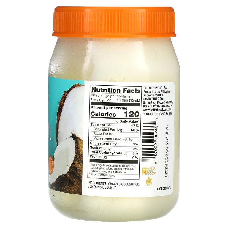 BetterBody Foods, Натурально рафинированное органическое кокосовое масло, 458 мл (15,5 жидк. унц.)