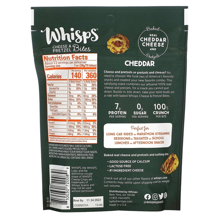 Whisps, Cheese & Pretzel Bites, Cheddar, 2.5 oz (70 g)