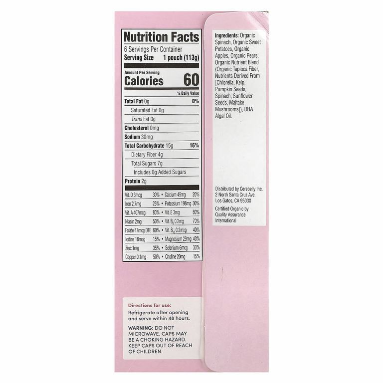 Cerebelly, Organic Baby Puree, Spinach, Apple, Sweet Potato, 6 Pouches, 4 oz (113 g) Each