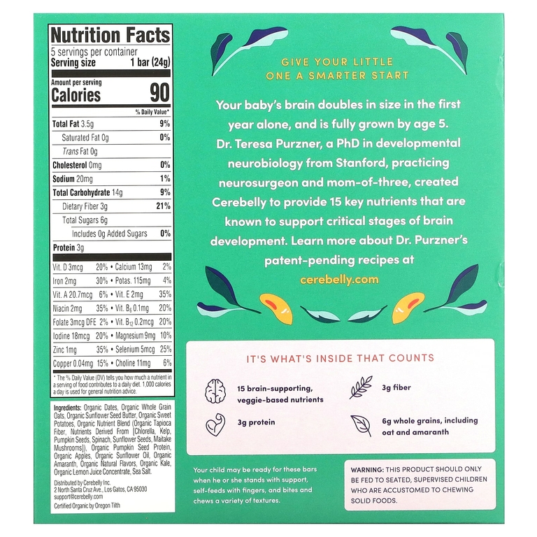 Cerebelly, Smart Bars, органические детские батончики, яблоко и кудрявая капуста, 5 батончиков по 24 г (0,84 унции)