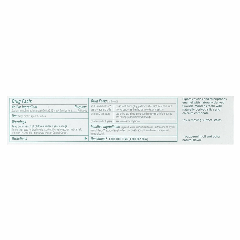 Tom's of Maine, Whole Care®, натуральная зубная паста от кариеса с фтором, перечная мята, 113 г (4 унции)