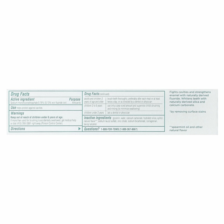 Tom's of Maine, Whole Care®, Natural Anticavity Toothpaste with Fluoride, Spearmint, 4 oz (113 g)