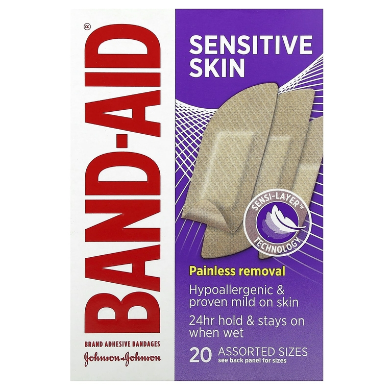 Band Aid, лейкопластыри, для чувствительной кожи, 20 штук разных размеров