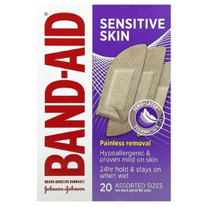 Band Aid, лейкопластыри, для чувствительной кожи, 20 штук разных размеров