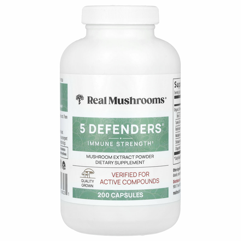 Real Mushrooms, 5 Defenders®, порошок с экстрактом грибов, 200 капсул