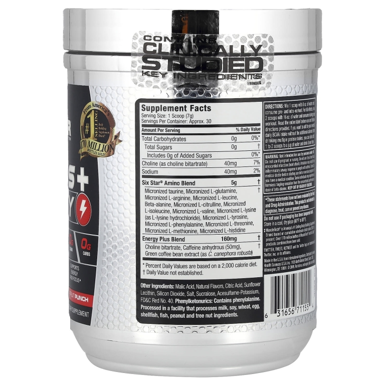 SIXSTAR, Elite Series, Aminos + Energy, фруктовый пунш, 207 г (7,29 унции) (Товар снят с продажи) 