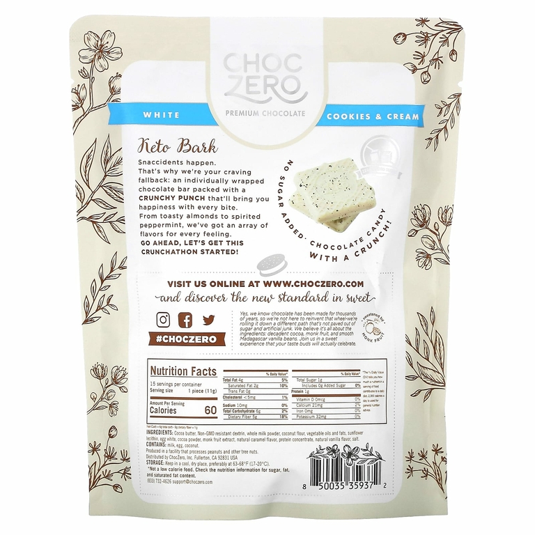 ChocZero, Keto Bark, белый шоколад, печенье и сливки, 15 батончиков, 170 г (6 унций) (Товар снят с продажи) 