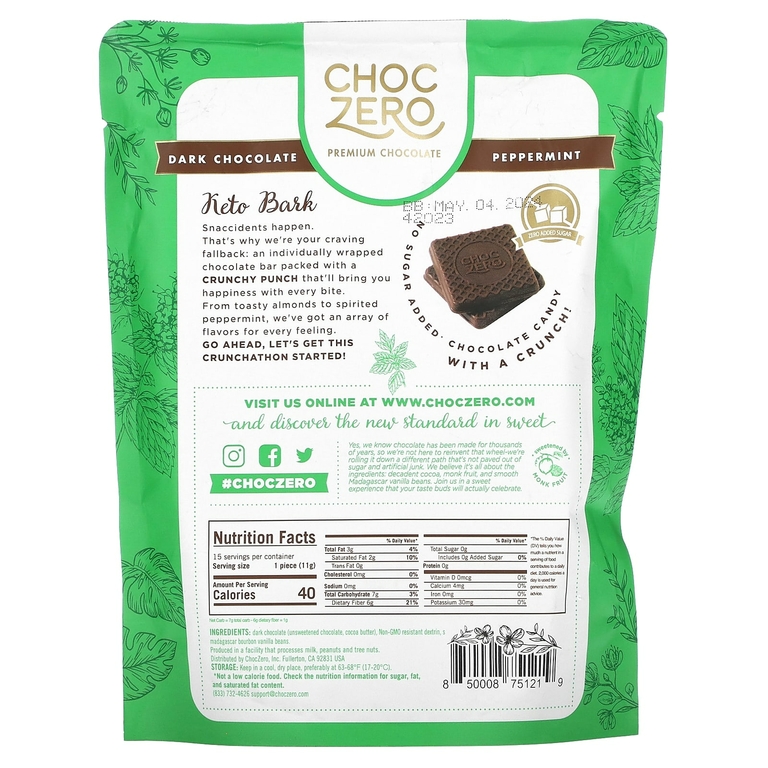 ChocZero, Keto Bark, перечная мята в темном шоколаде, 15 мини-упаковок, 170 г (6 унций) (Товар снят с продажи) 