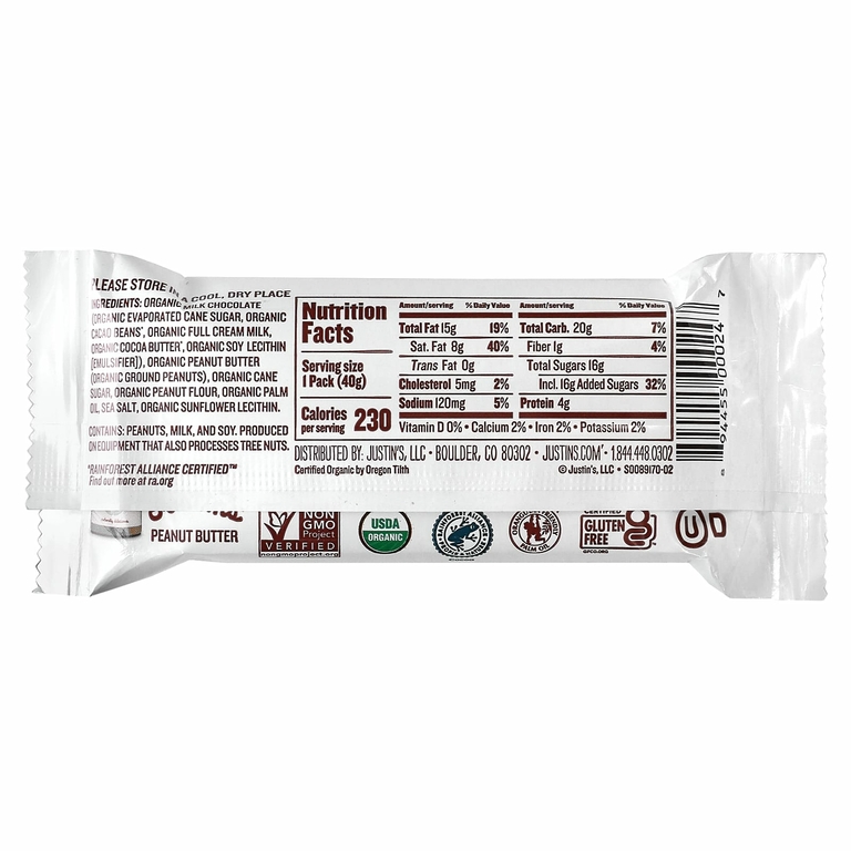 Justin's Nut Butter, Органический молочный шоколад с арахисовым маслом, 2 стакана, 40 г (1,4 унции)