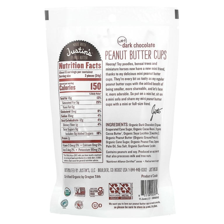 Justin's Nut Butter, органический темный шоколад в мини-печенье, с арахисовой пастой, 133 г (4,7 унции)