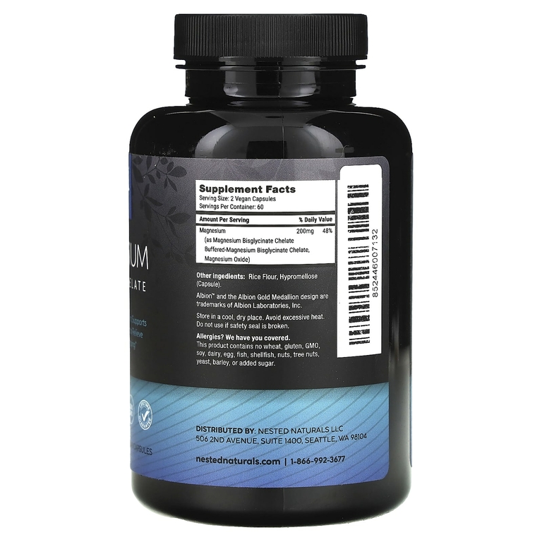 Nested Naturals, Магний, глицинат хелат, 120 веганских капсул