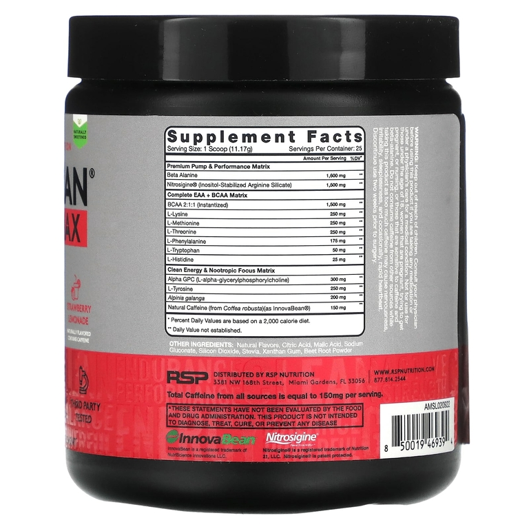 RSP Nutrition, AminoLean Max, добавка для повышения уровня энергии перед тренировкой, клубничный лимонад, 279 г (9,85 унции)