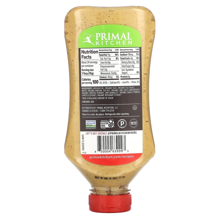 Primal Kitchen, Настоящий майонез с маслом авокадо и лаймом чипотле, 503 мл (17 жидк. унц.)