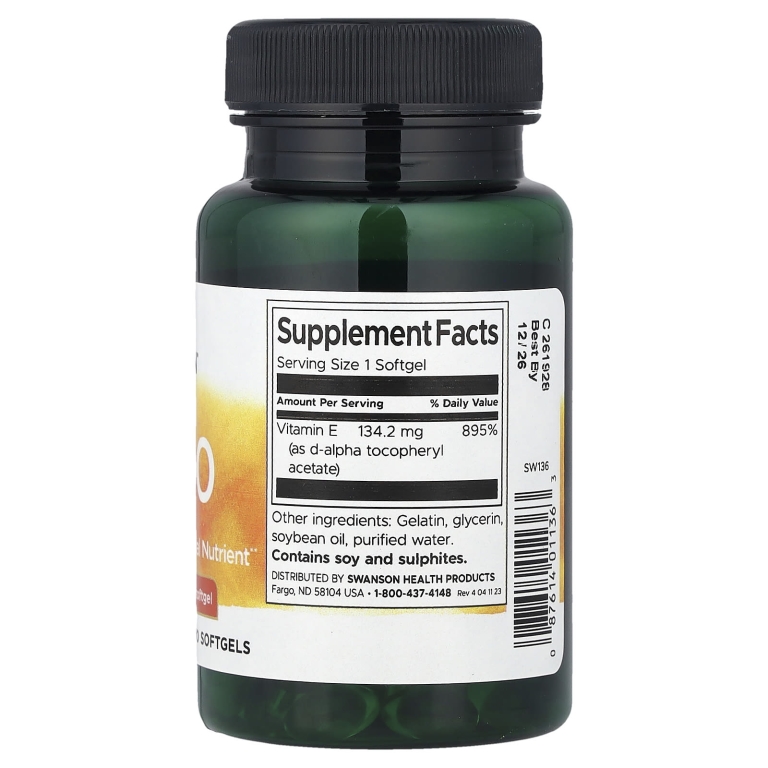 Swanson Vitamins, натуральный витамин E, 134,2 мг (200 МЕ), 100 капсул