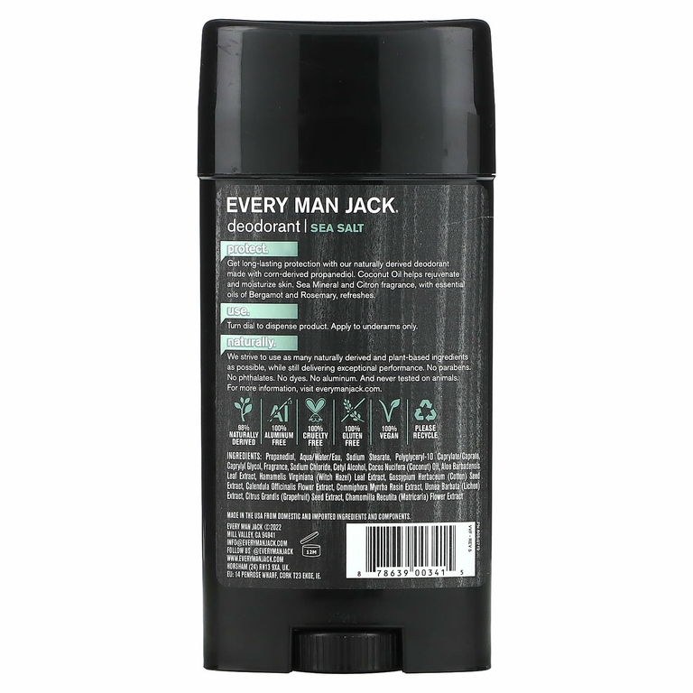 Every Man Jack, Дезодорант, без алюминия, морская соль, 76,5 г (2,7 унции)