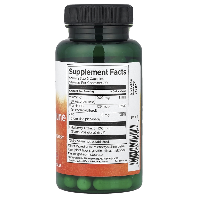 Swanson Vitamins, высокоэффективное средство для укрепления иммунитета с витаминами C, D, цинком и бузиной, 60 капсул (Товар снят с продажи) 
