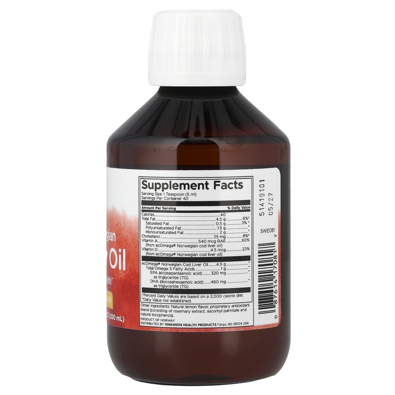 Swanson Vitamins, Безупречный жидкий жир из печени норвежской трески, 200 мл (6,7 жидк. унц.) (Товар снят с продажи) 