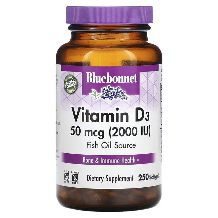Bluebonnet Nutrition, витамин D3, 50 мкг (2000 МЕ), 250 капсул