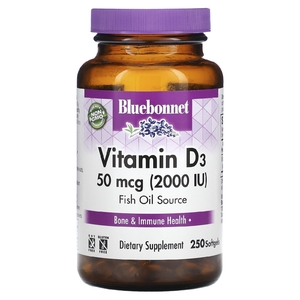Bluebonnet Nutrition, витамин D3, 50 мкг (2000 МЕ), 250 капсул