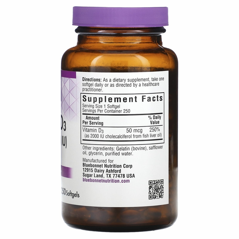Bluebonnet Nutrition, витамин D3, 50 мкг (2000 МЕ), 250 капсул