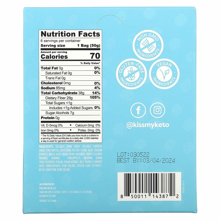 Kiss My Keto, Gummy Candy, тропические кольца, манго, апельсин и ананас, 6 пакетиков по 50 г (1,76 унции)