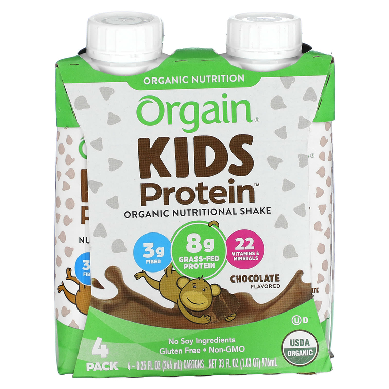 Orgain, Kids Protein, органический питательный коктейль, шоколад, 4 пакетика по 244 мл (8,25 жидк. унц.)
