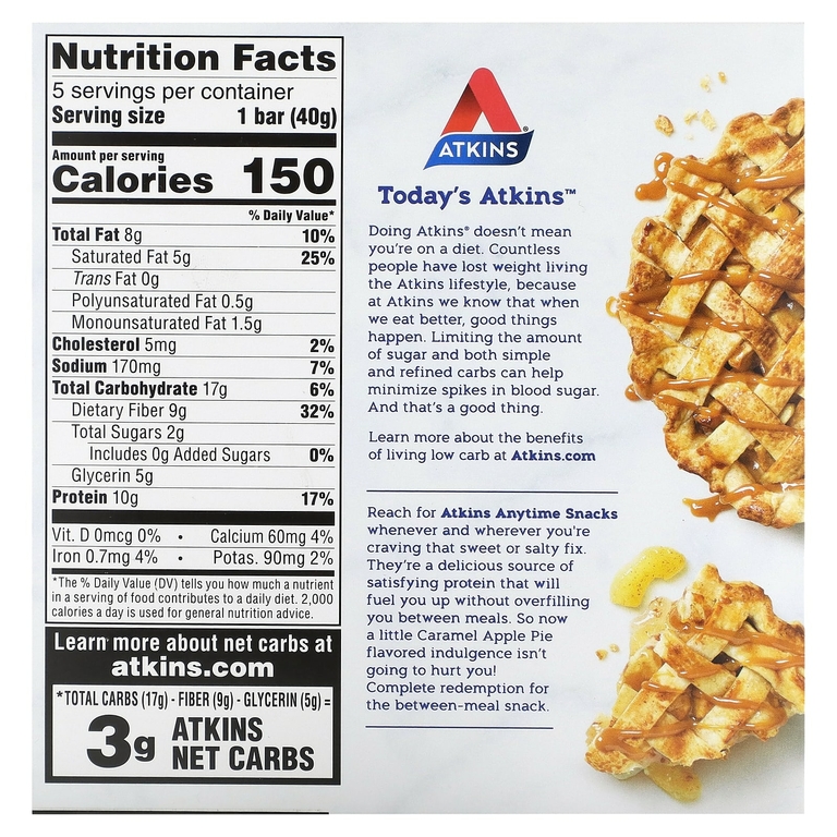 Atkins, Snack, батончик с карамельным и яблочным пирогом, 5 батончиков по 40 г (1,41 унции) (Товар снят с продажи) 