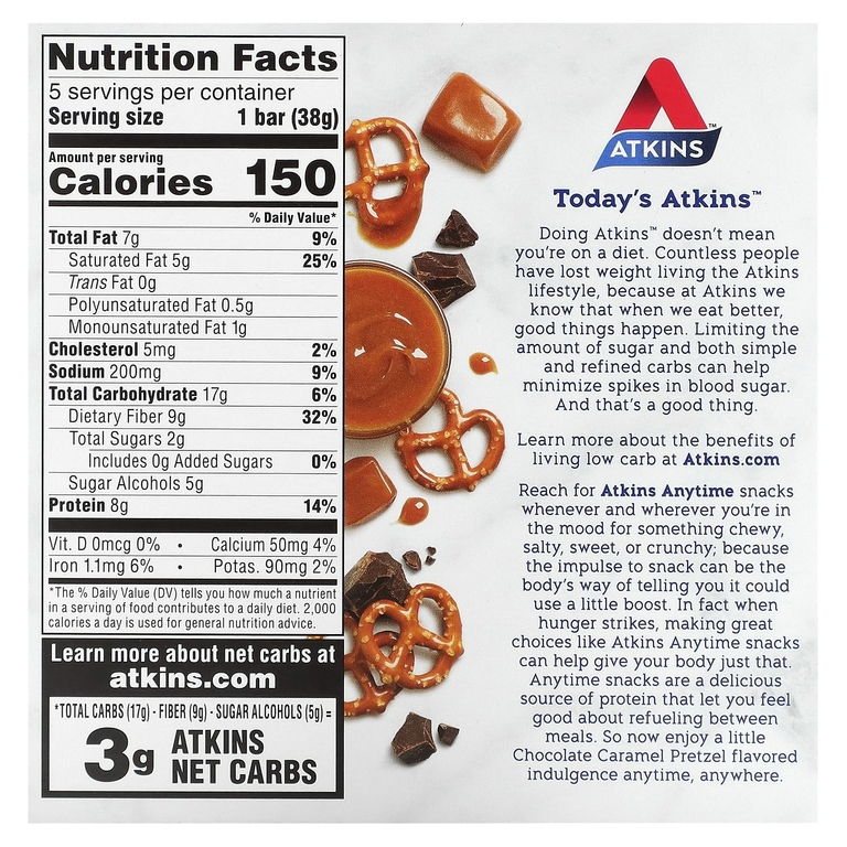 Atkins, Snack, шоколадно-карамельный крендель, 5 батончиков по 38 г (1,34 унции) (Товар снят с продажи) 