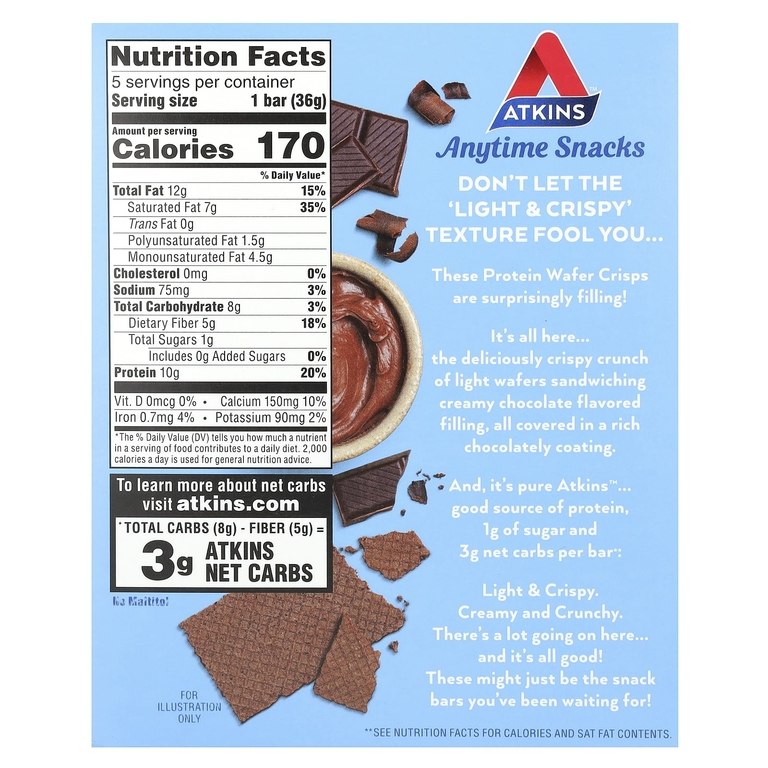 Atkins, Everytime Snacks, протеиновые вафли, шоколадный крем, 5 шт. по 36 г (1,27 унции)