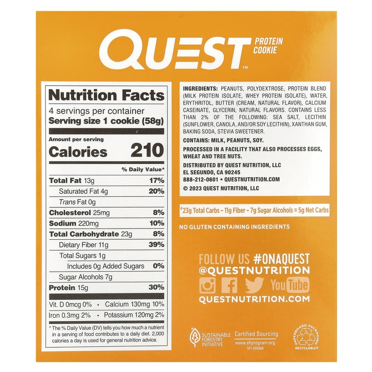 Quest Nutrition, Protein Cookie, арахисовая паста, 4 пакетика по 58 г (2,04 унции)