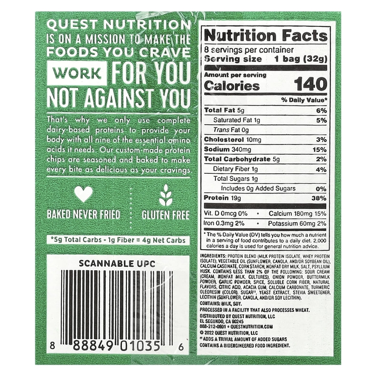 Quest Nutrition, Протеиновые чипсы Original Style, сметана и лук, 8 пакетиков по 32 г (1,1 унции)