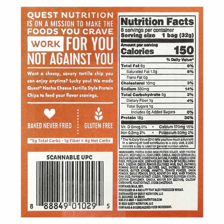 Quest Nutrition, Протеиновые чипсы по типу тортилья, сыр начо, 8 пакетиков по 32 г (1,1 унции)