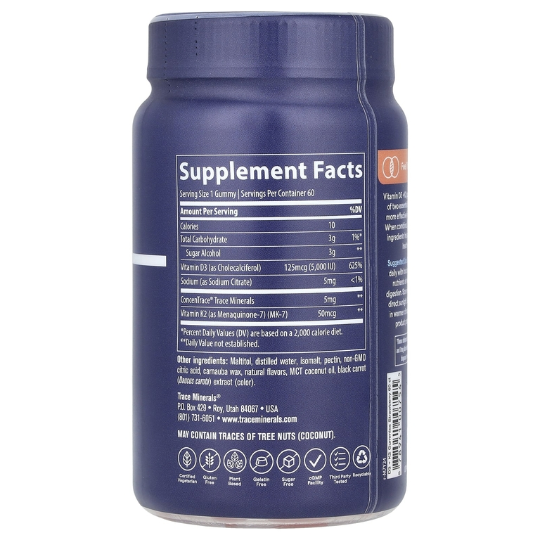 Trace Minerals ®, Жевательные мармеладки с витамином D3 и K2, с клубникой, 60 жевательных таблеток