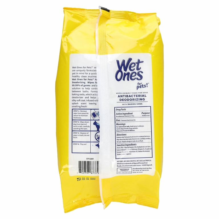 Wet Ones, Антибактериальные дезодорирующие салфетки с пищевой содой, для собак, Tropical Splash, 100 салфеток