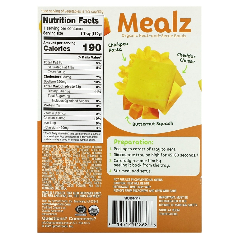 Sprout Organics, Mealz, органические миски для разогревания и подачи, нутовые макароны и сыр, 170 г (6 унций) (Товар снят с продажи) 