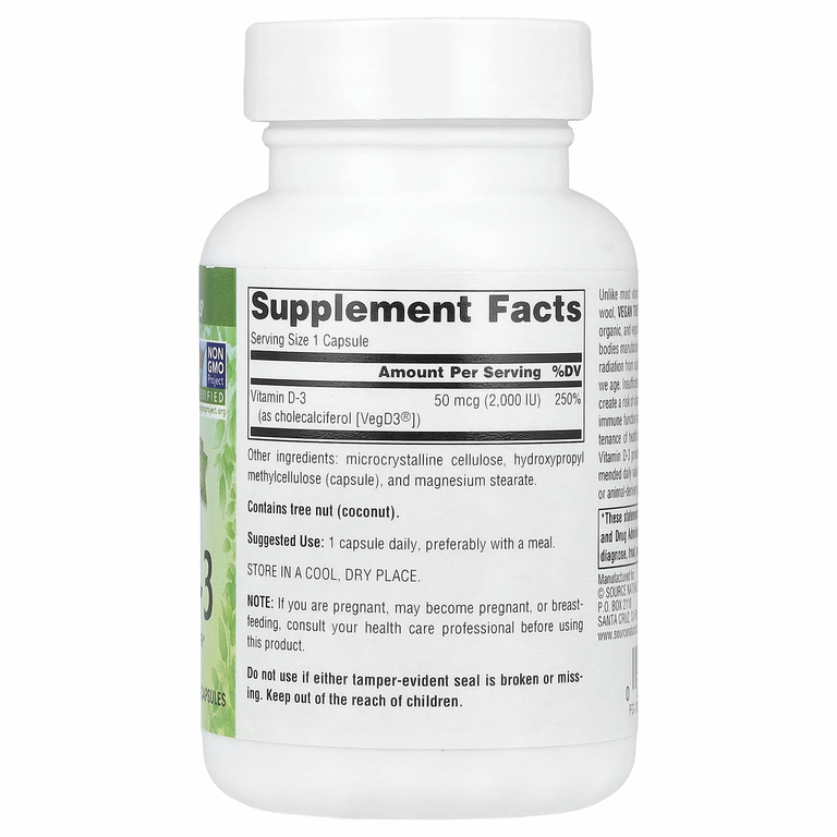 Source Naturals, Vegan True®, витамин D3 без ГМО, 50 мкг (2000 МЕ), 120 веганских капсул