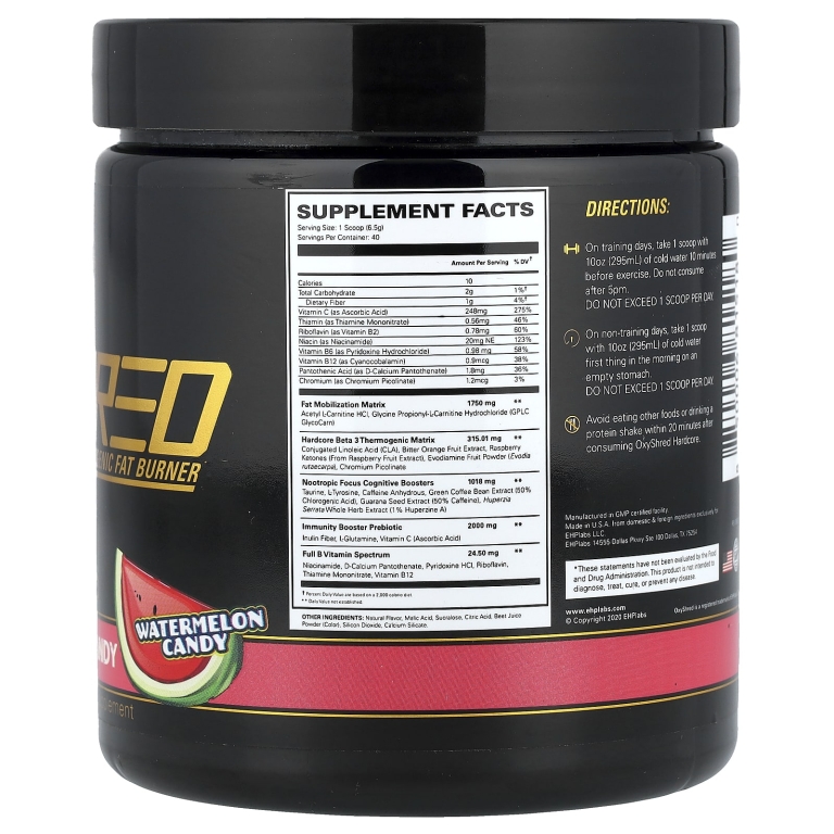 EHPlabs, OxyShred Hardcore, термогенный сжигатель жира, со вкусом арбузной конфеты, 260 г (9,2 унции)
