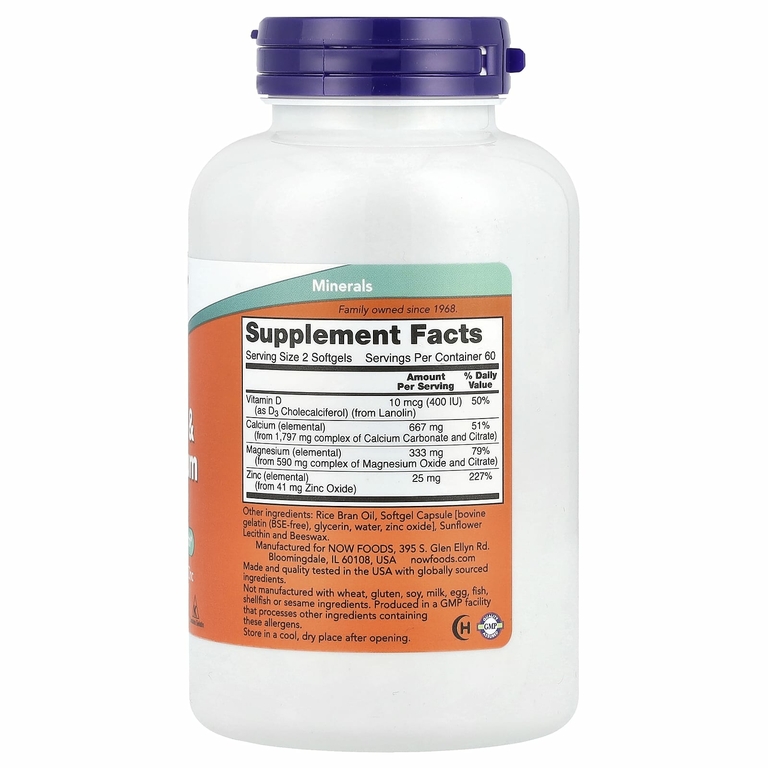 NOW Foods, Кальций и магний с витамином D3 и цинком, 120 мягких таблеток