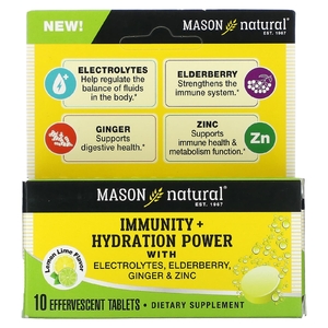Mason Natural, Иммунитет и увлажнение с электролитами, бузиной, имбирем и цинком, лимоном и лаймом, 10 шипучих таблеток (Товар снят с продажи) 