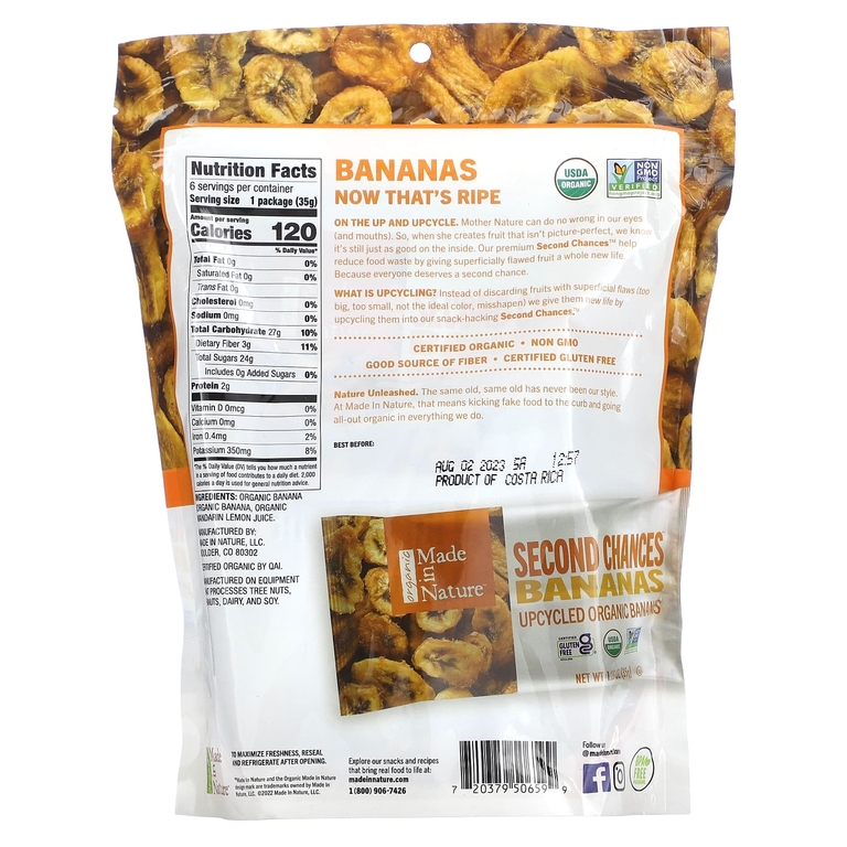 Made in Nature, Second Chances Bananas, переработанные органические бананы, 6 пакетиков по 35 г (1,25 унции) (Товар снят с продажи) 