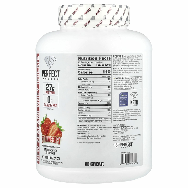 PERFECT Sports, Diesel®, изолят сыворотки из Новой Зеландии, клубника, 2,27 кг (5 фунтов)