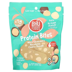 BHU Foods, Protein Bites, тесто для печенья с белым шоколадом и макадамией, 6 кусочков в упаковке по 25 г (0,88 унции)