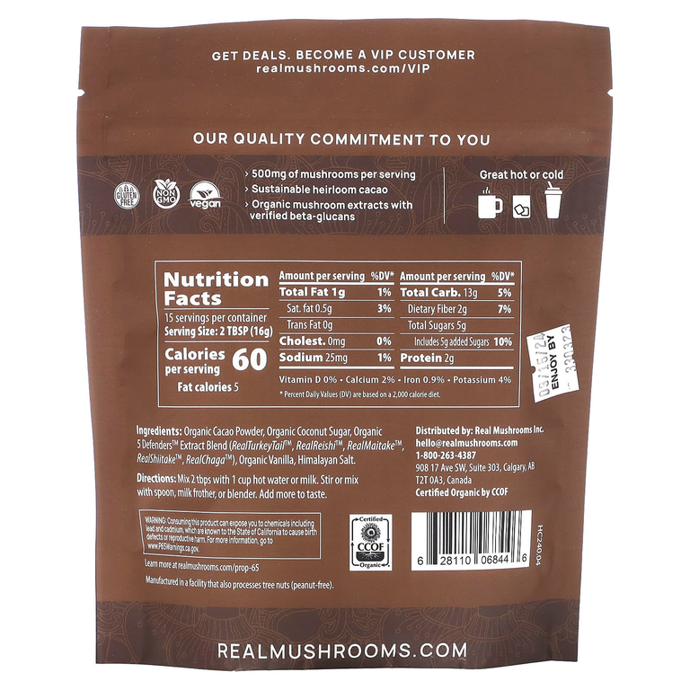 Real Mushrooms, Горячий шоколад с грибами и 5 защитниками, 240 г