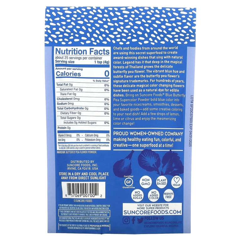 Suncore Foods, Blue Butterfly PEA, суперцветная пудра, 99 г (3,5 унции)