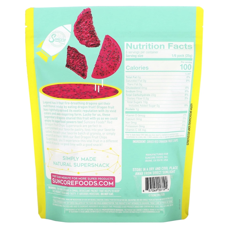 Suncore Foods, Super Snack, чипсы из фруктов красного дракона, 150 г (5,32 унции) (Товар снят с продажи) 
