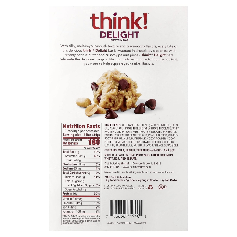 think!, Delight протеиновый батончик, печенье с шоколадом и арахисовой пастой, 10 батончиков по 34 г (1,2 унции)