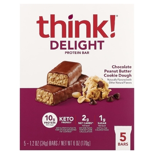 think!, Delight протеиновый батончик, печенье с шоколадом и арахисовой пастой, 5 шт. по 34 г (1,2 унции)