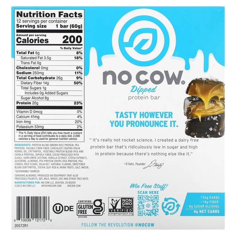 No Cow, протеиновый батончик в глазури, шоколад с соленой карамелью, 12 батончиков по 60 г (2,12 унции)